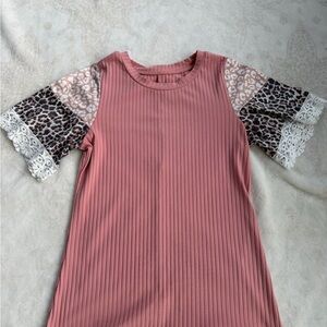 Pink Ribbed Dress with Leopard Lace Sleeves